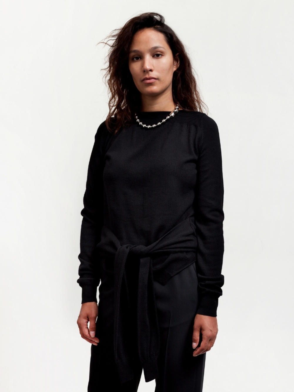 MM6 Maison Margiela Extra Sleeves Tie Sweater, Black Wool, Women's Medium